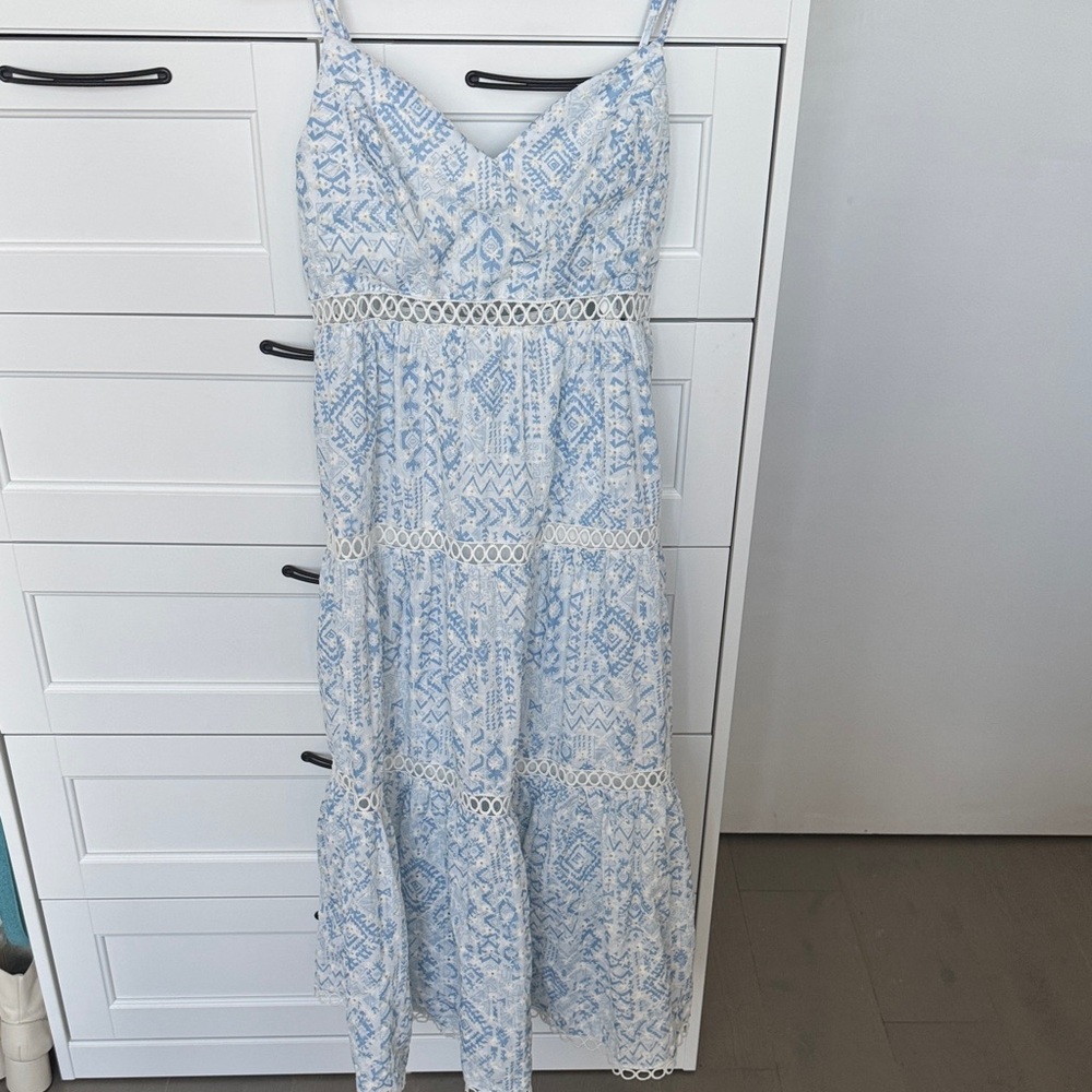 Aqua Blue and White Lace-Trim Midi Dress